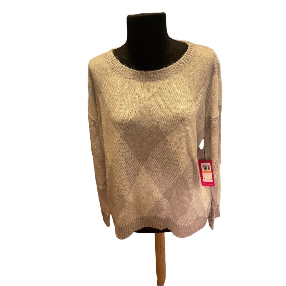 NWT Vince Camuto Womens Fuzzy Argyle Sweater Silver Heather Size S